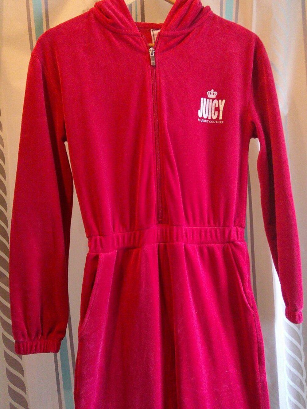 "Juicy Couture" Hooded 1-Pc Jumpsuit n Red Crimson Velour Woman XS